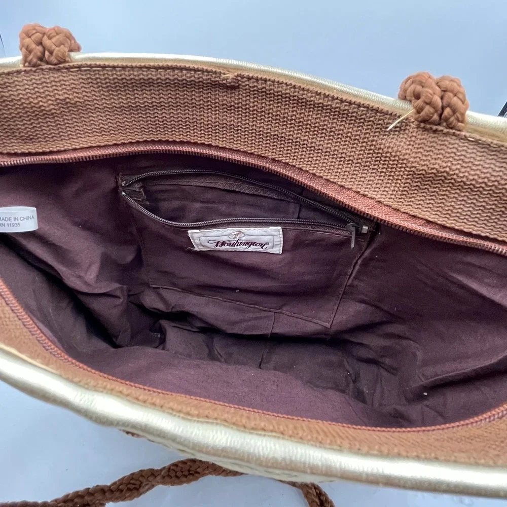 Worthington Tote Bag Brown Womens Woven Straw Gold Trim H 10 x W 14 x D 4.5 in